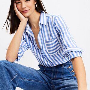 NWTS LOFT Blue & White Striped Button Front Blouse Long Sleeve Collared Top SZ L